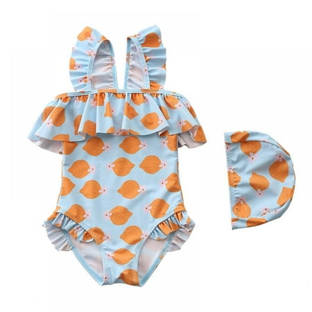 

Baozhu Girls Swimsuit Ruffle Strap Bathing Suit Kids One Piece Swimsuits Cute Swimwear with Hat 1-7 Years