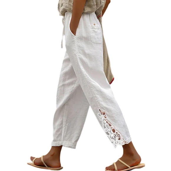Pantalones Acelit de lino para mujer, cintura elástica, con cordón, color blanco