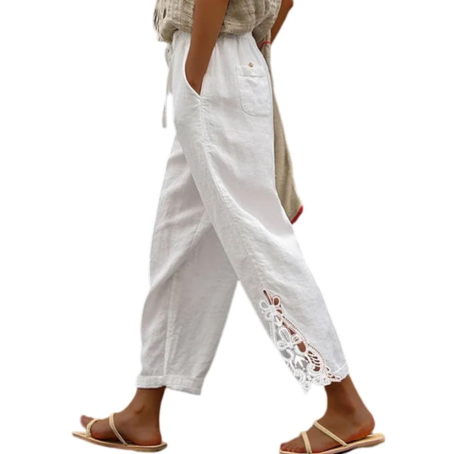 Pantalones Acelit de lino para mujer, cintura elástica, con cordón, color blanco