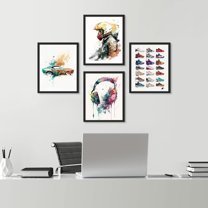 PixonSign Framed Wall Art Sportscar Headphone Sneaker Collage Posters, Set of 4 Boy's Bedroom Illustration Wall Decor Prints, Multicolor Contemporary Wall Décor for Living Room - 12"x16" Black