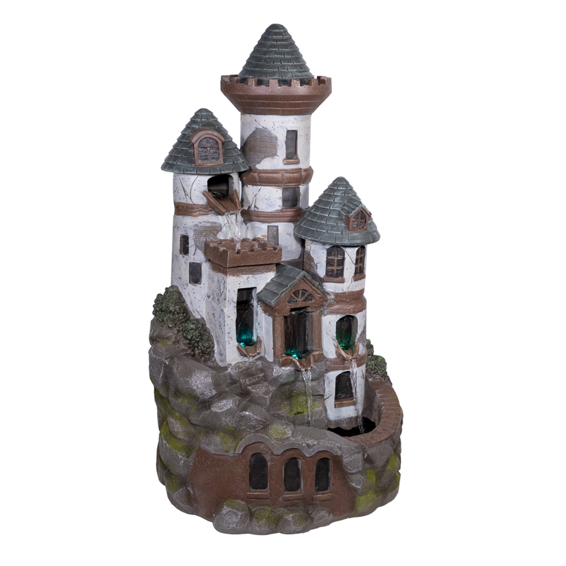 Alpine Corporation 35" Tall Outdoor Corded Electric Castle Fountain with Color Changing LED Lights