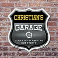 thumbnail image 4 of Christian's Garage I Can Fix Everything But Stupid 18 inch X 18 inch Shield Shaped Commercial Grade Plastic Sign To last, Gift for Dads and Uncles Classic Americana Crafted in the USA, 4 of 7
