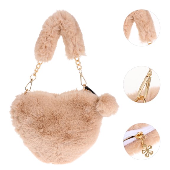 FENGGUIQU 1Pack Plush Heart Bag Khaki Artificial Wool Evening Tote Bags for Convenient to Carry Tissues Women Handbag