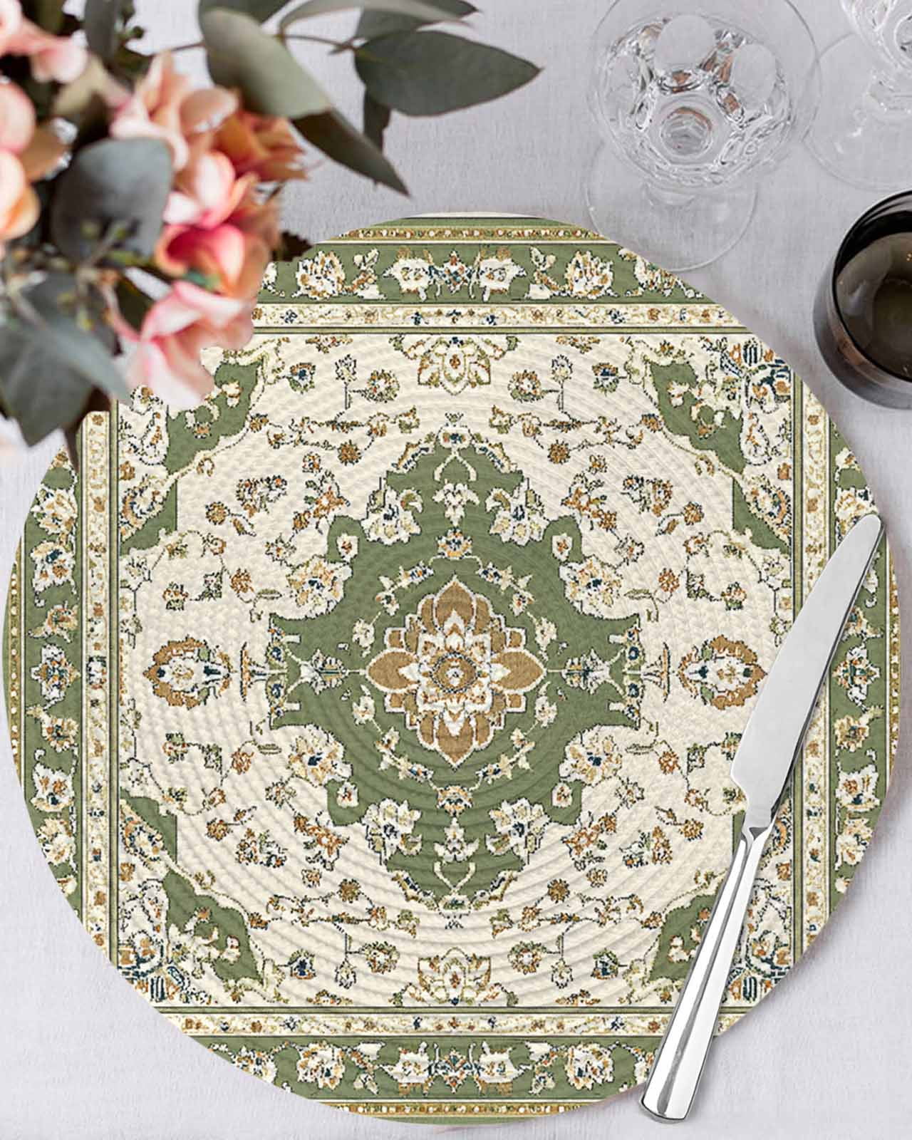 Boho Vintage Round Table Placemats set of 6, Ethnic Tribal Floral Pattern Washable Woven Place Mats for Dining Tables Kitchen Party Decor,Heat Proof, 15in, Green Beige