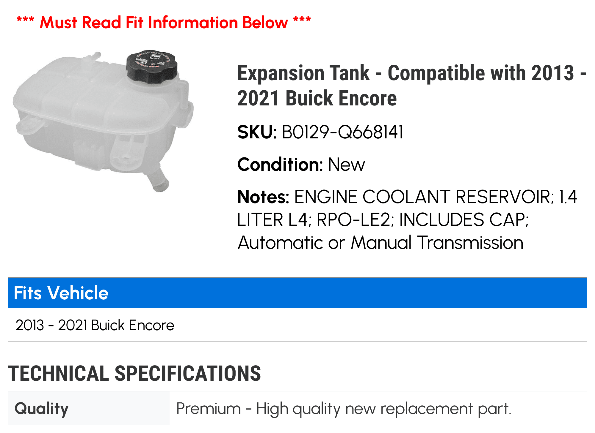 Expansion Tank - Compatible with 2013 - 2021 Buick Encore 2014 2015 2016 2017 2018 2019 2020