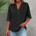 thumbnail image 4 of Cotton Linen Tops for Women 3/4 Sleeve V Neck T-Shirt with Buttons Solid Color Loose Fit Casual Summer Tees (M, Black), 4 of 8