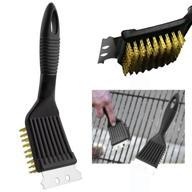 Barbeque BBQ Grill Brush Brass Bristles & Scraper Tool Long Handle