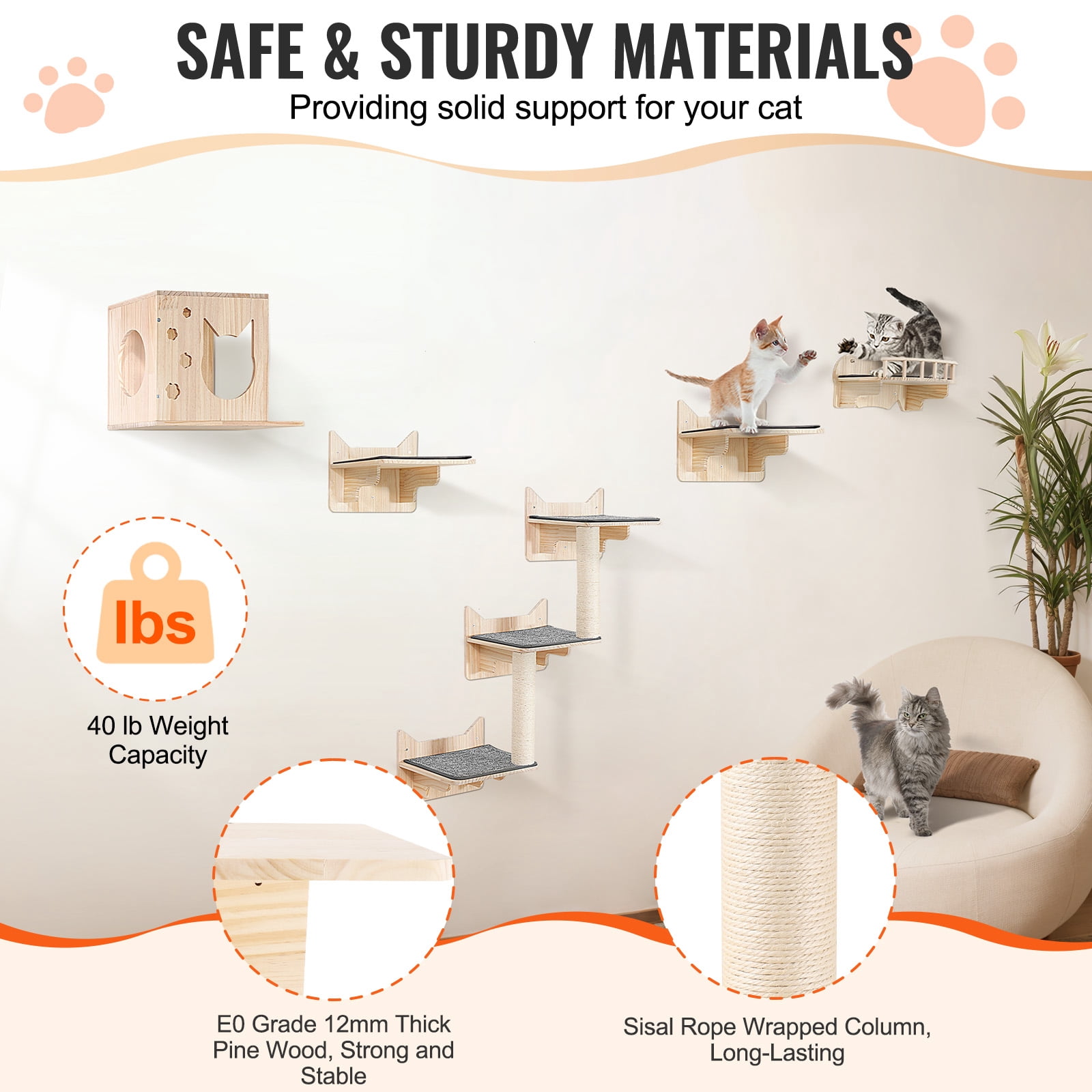 KFFKFF Set of 5 Cat Wall Mounts, Wall-Attached Cat Perches Up to 40 Lbs, Cat Wall Shelves for Resting, Engaging, Ascending