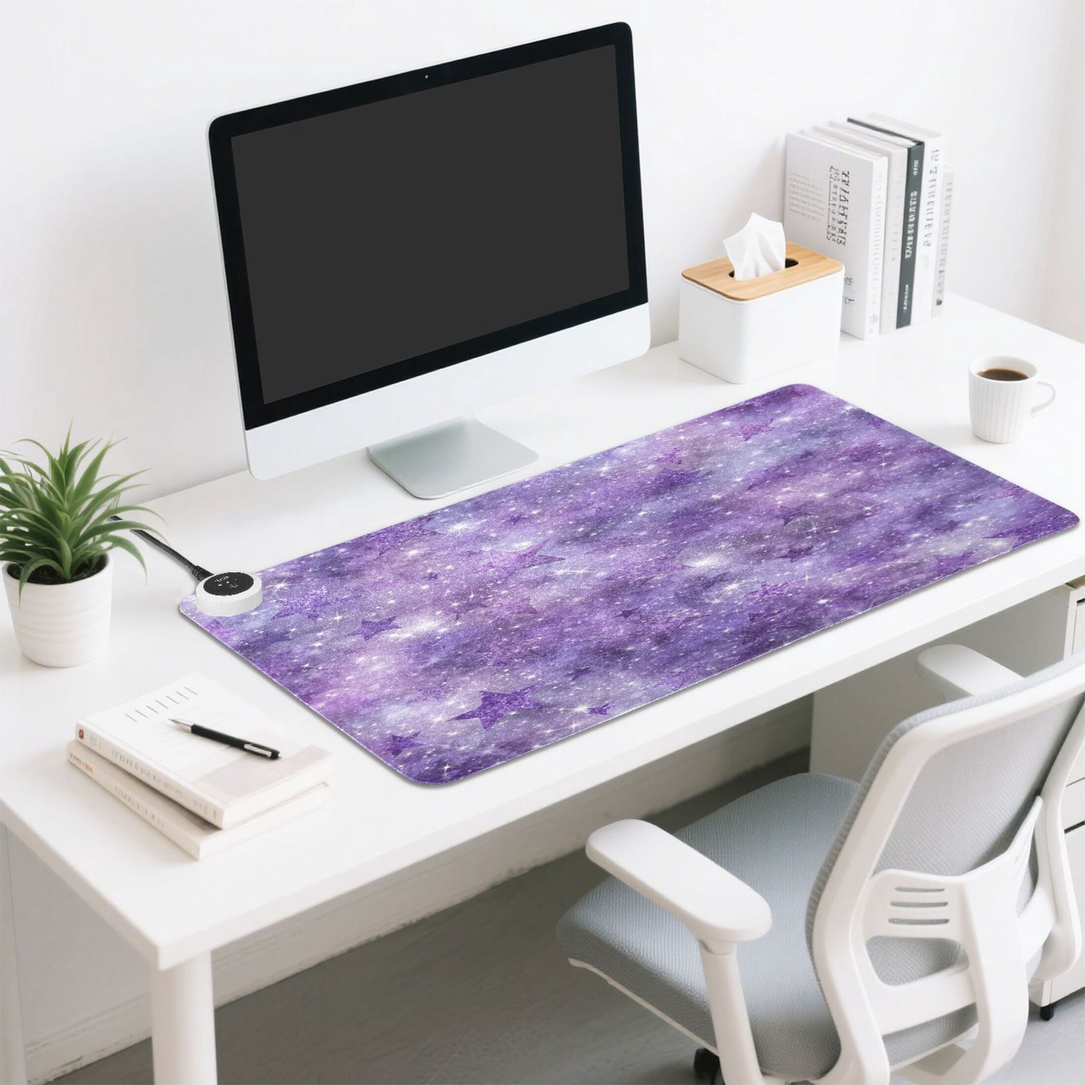 Large Heated Desk Mat Mouse Pad 31.5"x13"PU Leather Graphene Heating Desk Warmer with 3 Temperature Settings 110V US Plug Non-Slip Warm Pad for Home, Office, and Gaming Purple Cosmic Galaxy Pattern