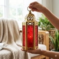 thumbnail image 4 of 2-Pack Gold Moroccan Candle Lantern Holder - Decorative Lamp for Tabletop or Hanging Use, Indoor or Outdoor Porch Patio - Ramadan, Weddings and Holidays, Medium, Red Glass, 4 of 10