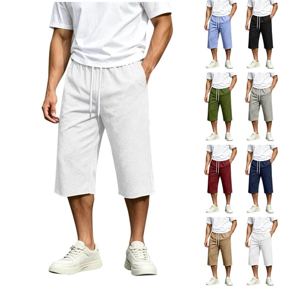 Plus Size Capri Pants for Men Drawstring Solid Color Knee Length Pants with Pockets Summer Beach Vacation