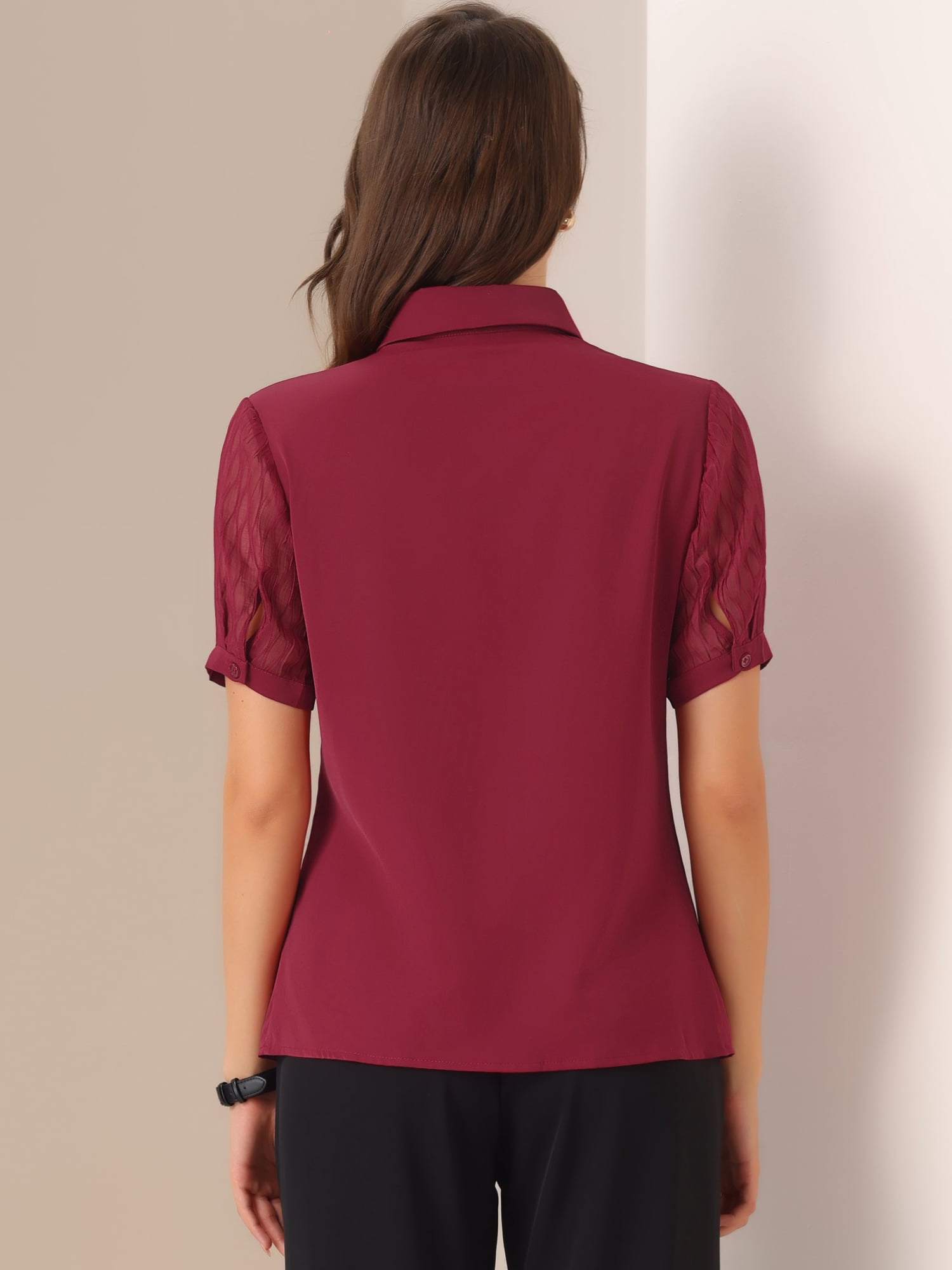 DARING DIVA Women's Button Down Sheer Short Sleeve Point Collar Work Shirt  L Wine Red