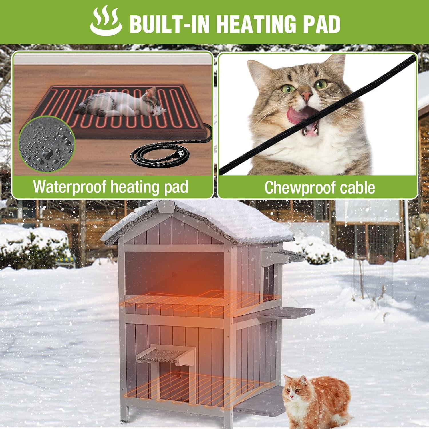 Aivituvin 2-Story Heated Cat House for Outside Large Insulated Cat House Outdoor Weatherproof Feral Cat Shelter with Heated Pad, Insulated All-Round Thermal Liner for 1-4 Cats