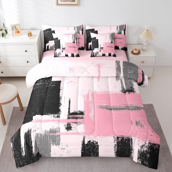 Erosebridal 7 Pieces Oil Painting Bedding Queen Size,Pink And Black Comforter Set,Abstract Artwork Bedding Sets Queen Size,Pink Reversible,Lightweight Geometric Bedroom Decorative
