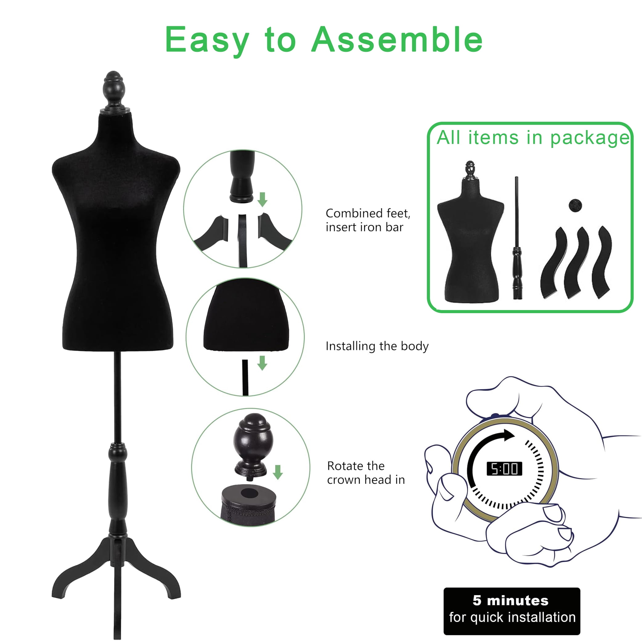 Female Mannequin Dress Form Manikin Body Torso with Wooden Tripod Base Stand Adjustable Height Pinnable Feature for Sewing Dress Jewelry Display, Black