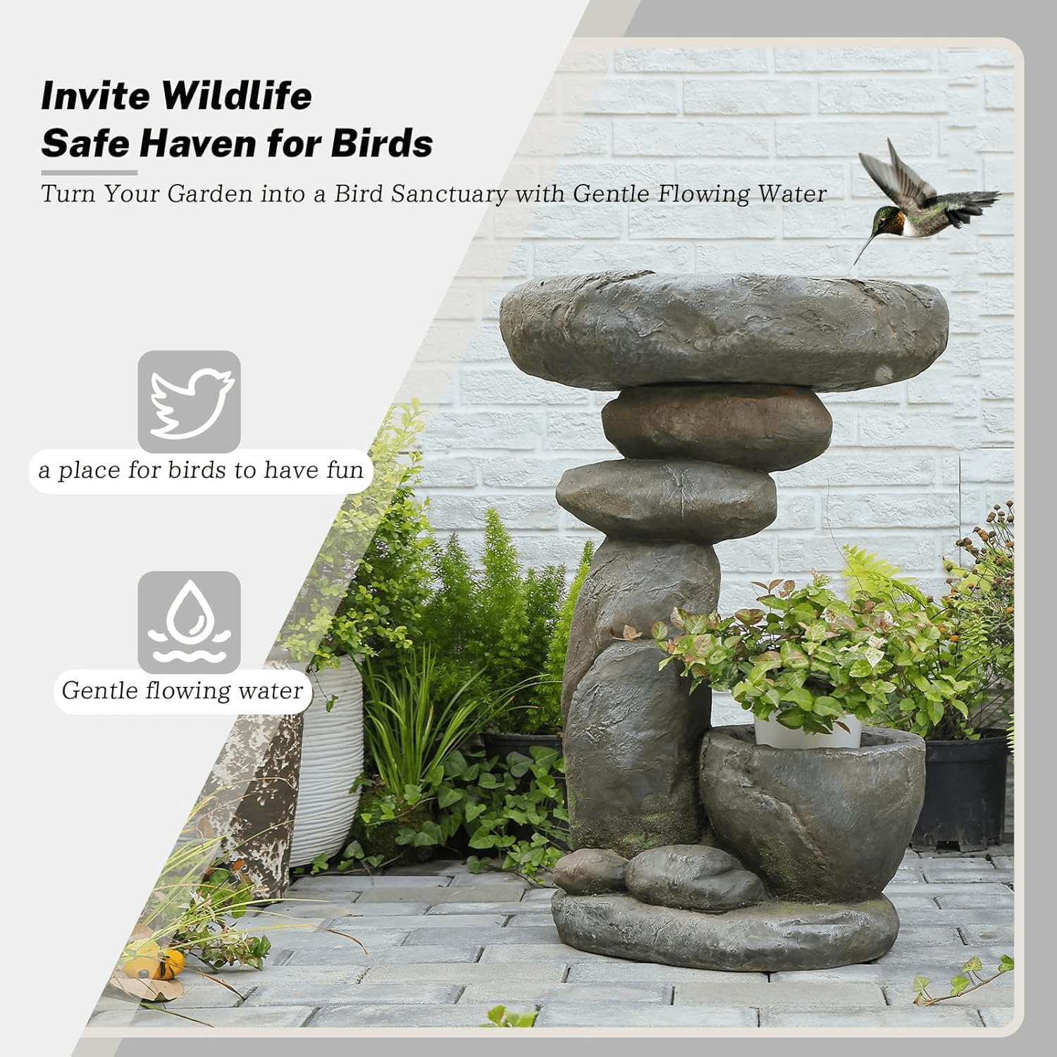 Outdoor Bird Bath Fountain Garden Fountain for Patio Yard Vertical Space Saving Design Weather Resistant Resin Fiberglass Composite
