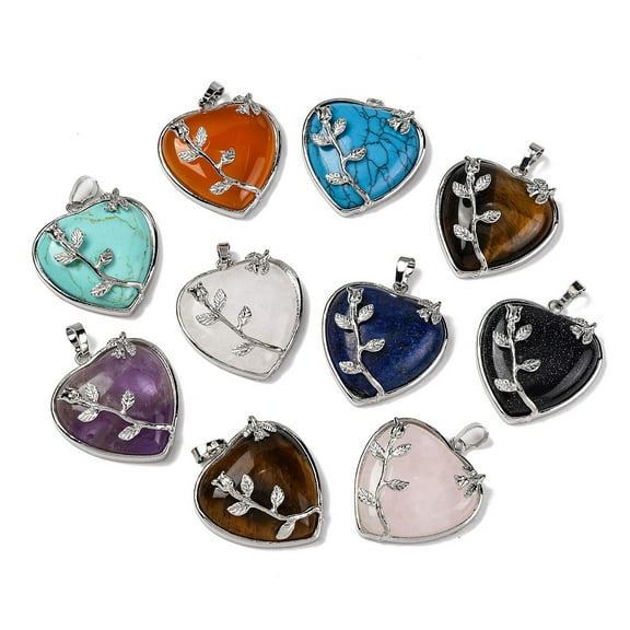 Mixed Stone 10 pc Heart Natural & Mixed Stone Pendants with Platinum Plated Brass Pendant Settings 36x31~33mm Hole: 6mm