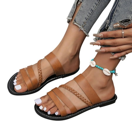 

Shldybc Women s Slide Sandals Slip on Open Toe Cute Flat Sandals Fashionable Comfortable Flat Heeled Beach Sandals Women s Slippers on Clearance