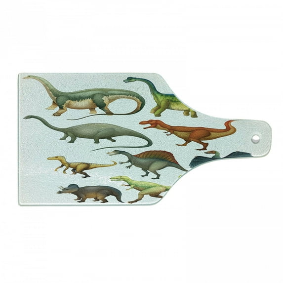Dinosaur Cutting Board, Various Different Animals from Jurassic Period Cartoon Mammals Pattern, Decorative Tempered Glass Cutting and Serving Board, Wine Bottle Shape, Multicolor, by Ambesonne