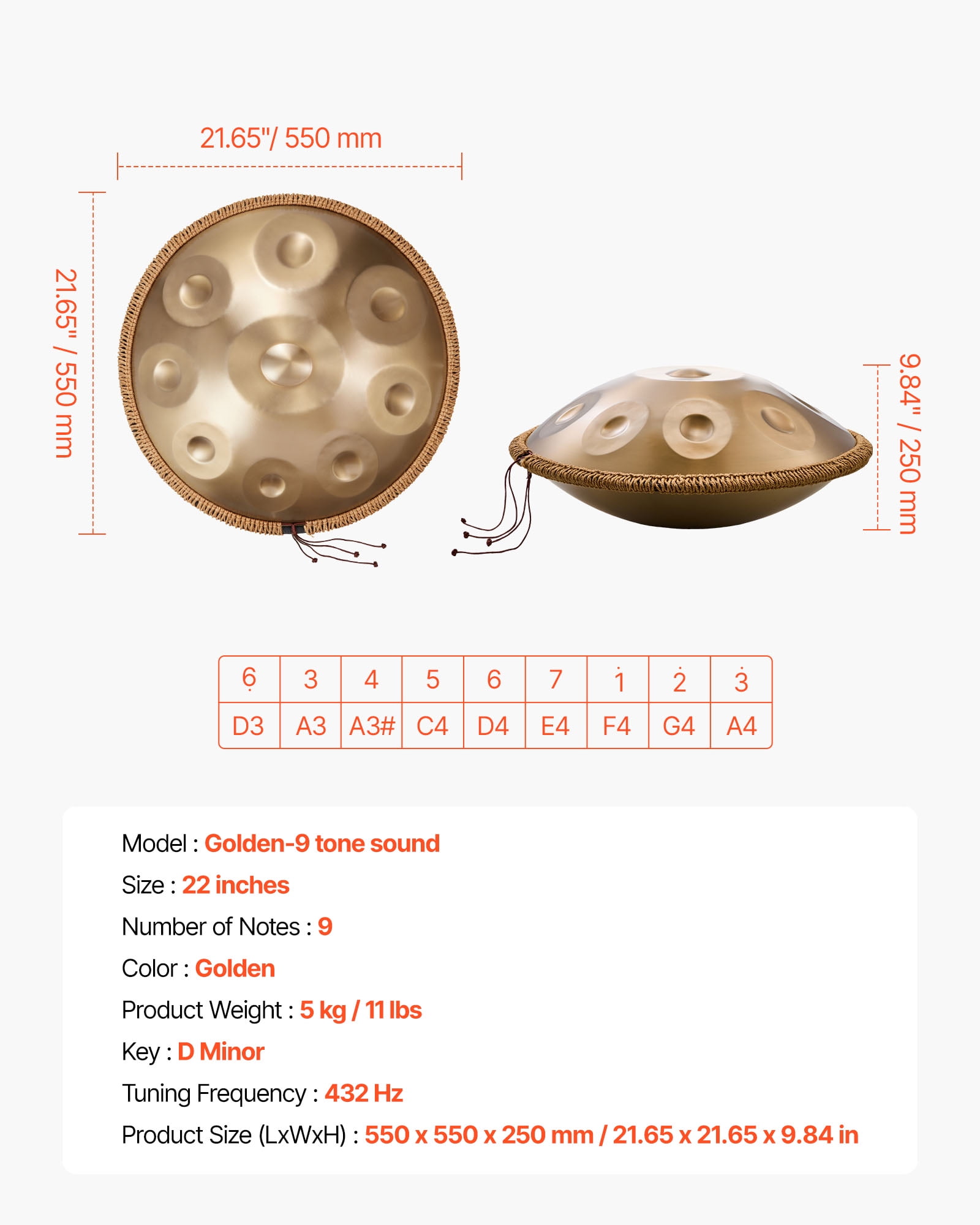 VEVOR Handpan Drum, 22 in 9 Notes Steel Hand Drum, 432Hz D Minor Musical Drums with Woven Edge Guard, 2 Mallets & Carrying Case, Fade-Resistant Percussion Instrument for Professional Performance