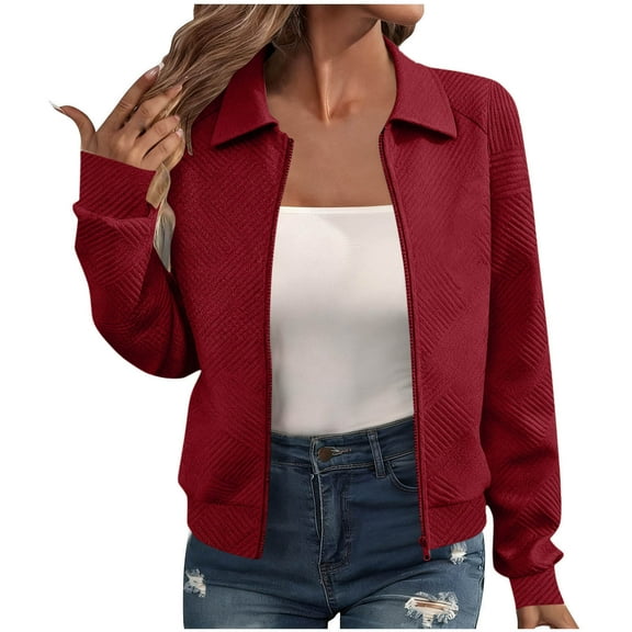 Womens Hoodless Jacket Full-Zip Long Sleeve Lapel Collar Bomber Coat Textured Solid Casual Fall Spring Outerwear (XL, Red)