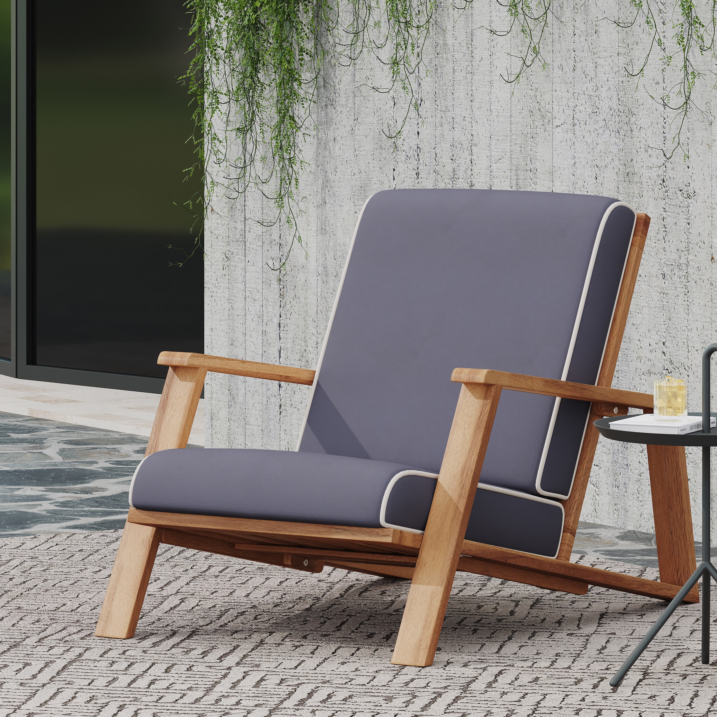 Outdoor Single Leisure Seat Chair, Acacia Wood Frame Relaxing Seat for Patio Garden, Teak and Dark Gray