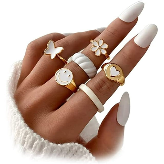 Anillos bonitos, anillos estéticos para niñas y mujeres, joyería Preppy Y2K, anillos apilables para chicas adolescentes, anillos de oro blanco, rosa y verde JAMW Sencillez