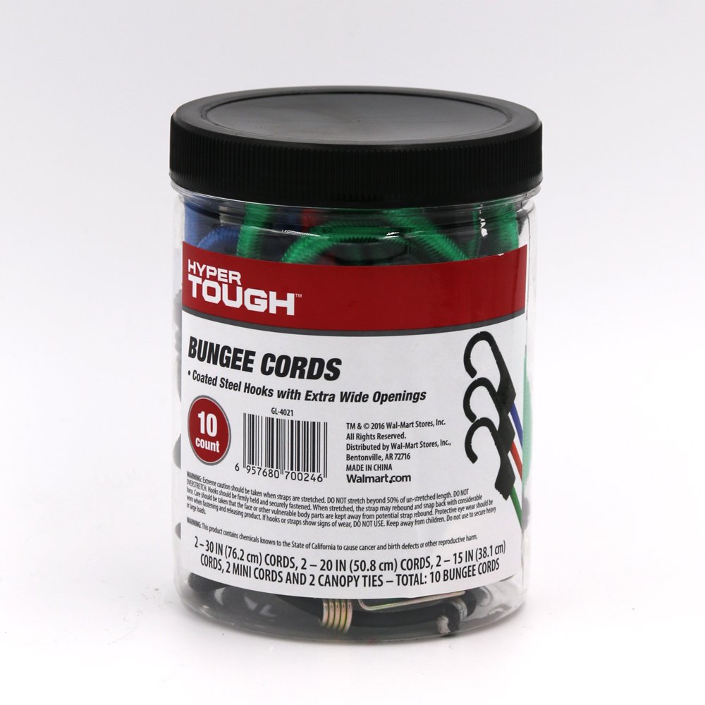 Hyper Tough 10 pcs Bungee Cord Set, Packed in Plastic Jar
