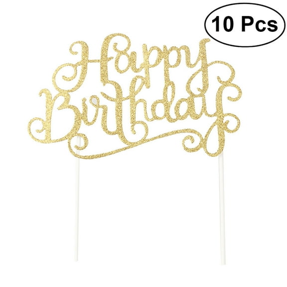 LOVERLYZ 10Pcs Creative Glitter Happy Birthday Cake Topper Alternative Party Handmade Party Event Decorations (Gold)
