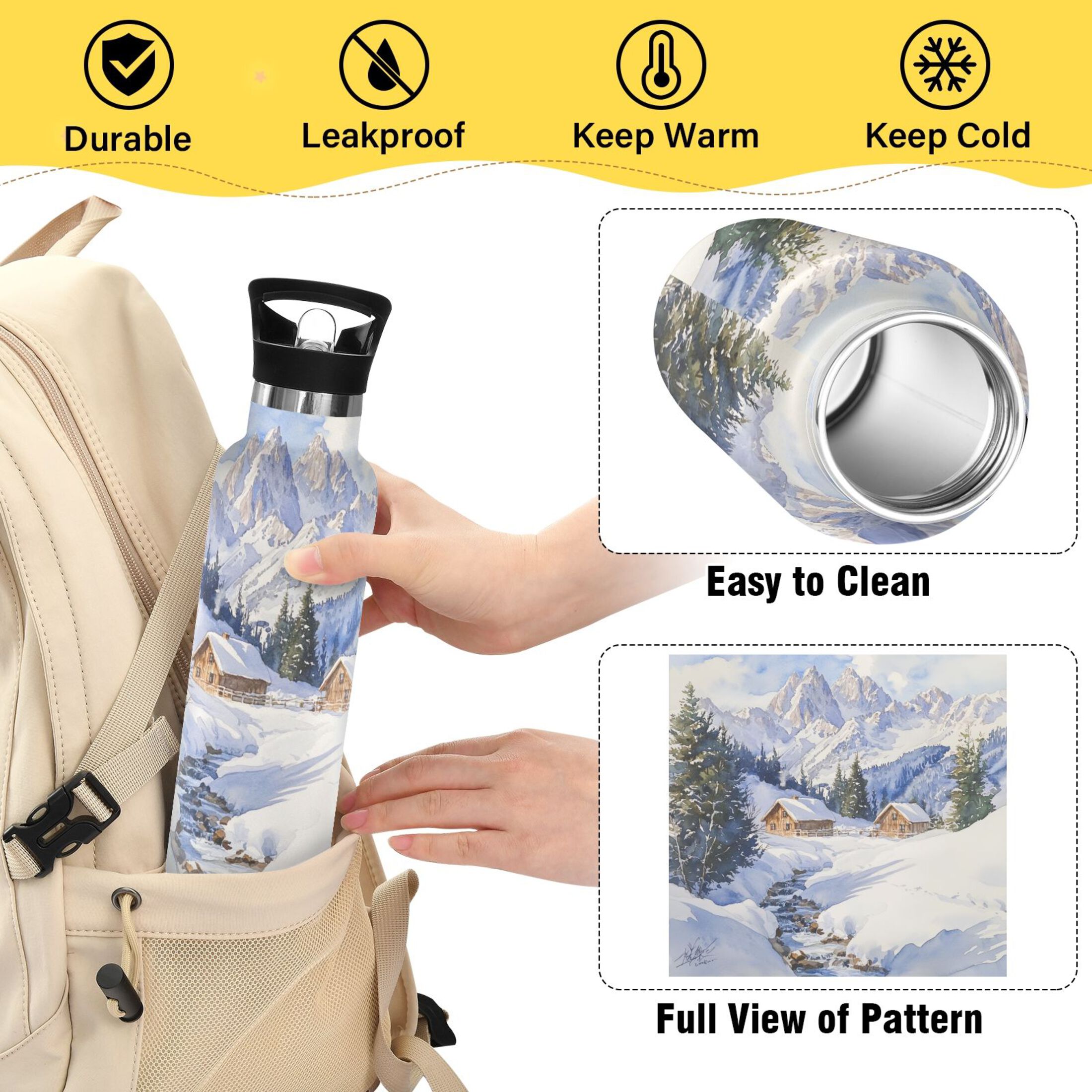 600ML Stainless Steel Insulated Cup Sports Water Bottle Portable Thermos Cup Water Glasses Insulated Tumblers Convenient and Durable Snow Scene