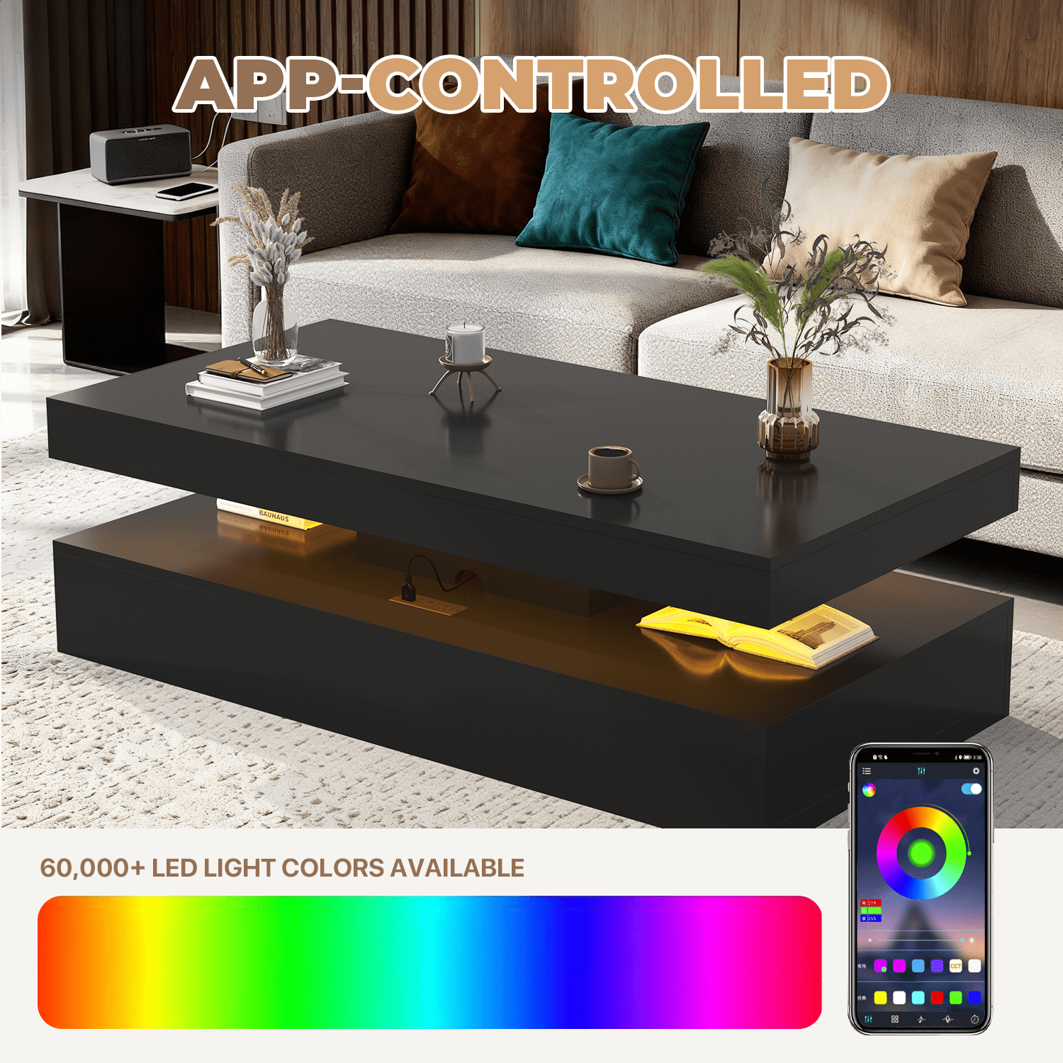 BaPiPro 47 Inch Modern LED Coffee Table with 2 Drawers, USB Charging & Smart Control, Large Center Table for Living Room, Black