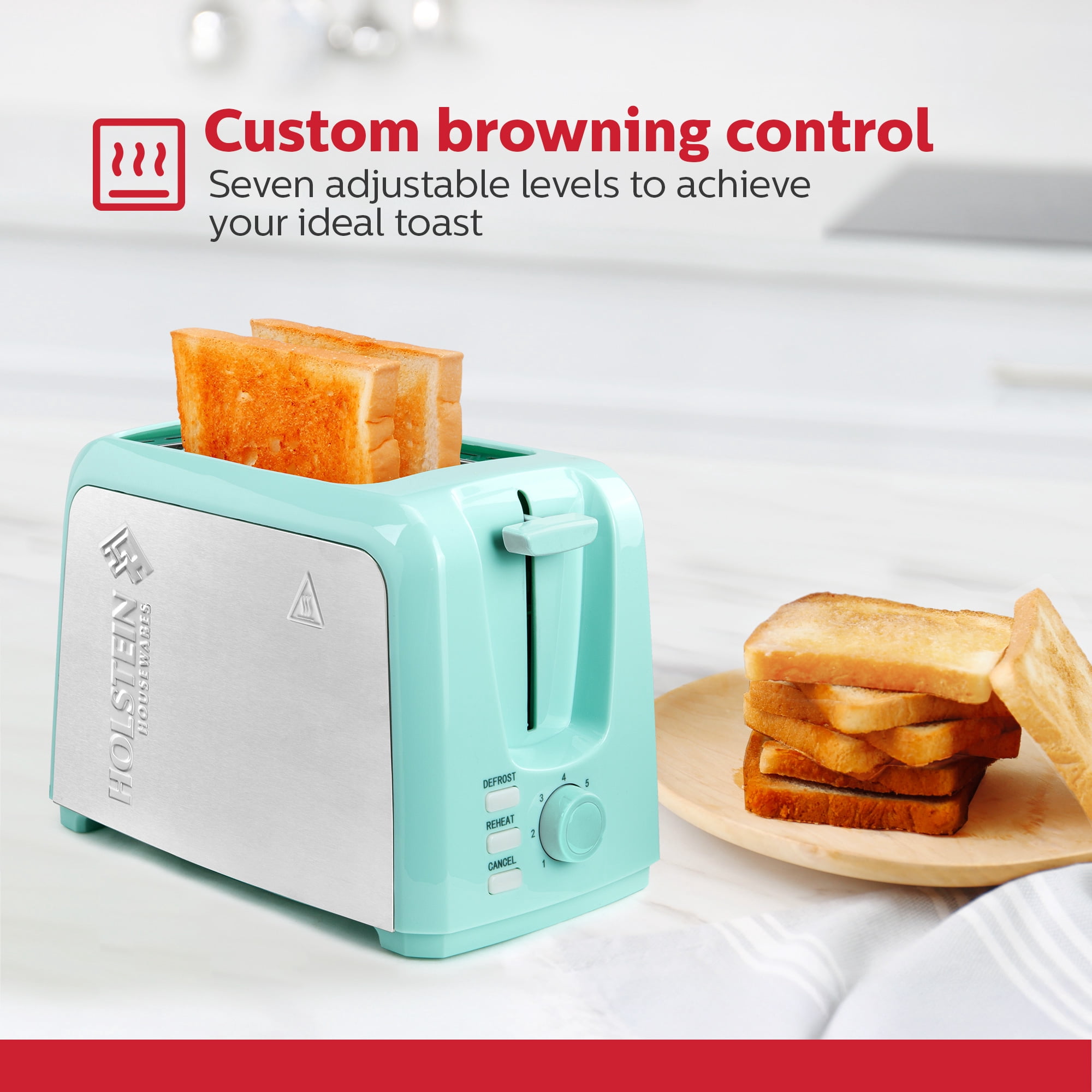 Holstein Housewares 2-Slice Toaster Mint with Defrost and Reheat Function