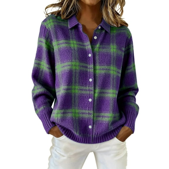 Resicozy Women's Plaid Print Casual Button Down Cardigan Sweater Long Sleeve Fashion Cropped Knitted Cardigans Purple 2XL