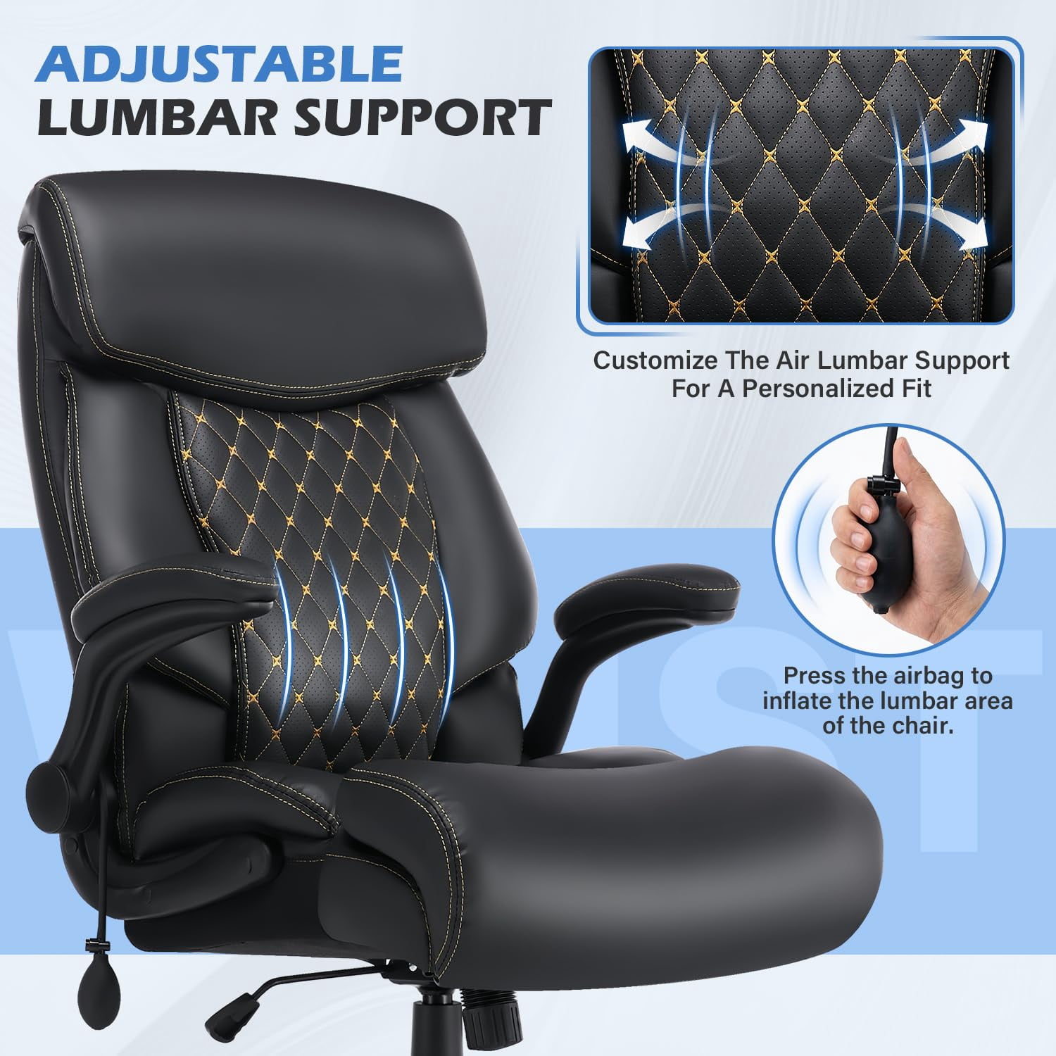JONPONY Leather Office Chair,Big and Tall Office Chair 500LBS Wide Seat,Comfy Heavy Duty Executive Chair with Adjustable Lumbar Support for Back Pain,Black