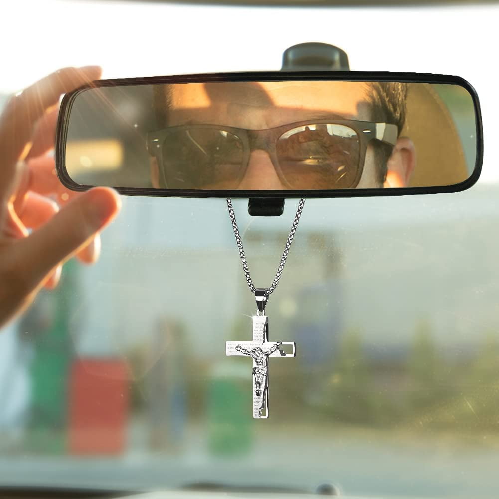Decorative Jesus Cross Charm for Car Hanging Accessories Ornament,Stainless Steel Lords Prayer Cross Necklace with Bible Verse Gold LeapoFaith Pendant for Car Rear View Mirrors Decorative Jesus Cross Charm for Car Hanging Accessories Ornament,Stainless Steel Lords Prayer Cross Necklace with Bible Verse Gold LeapoFaith Pendant for Car Rear View Mirrors
