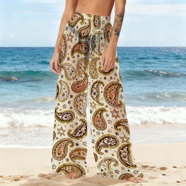 Pantalones de playa de gasa ligeros para mujer con protección solar, pantalones anchos de estilo bohemio estampados, blusa para mujer