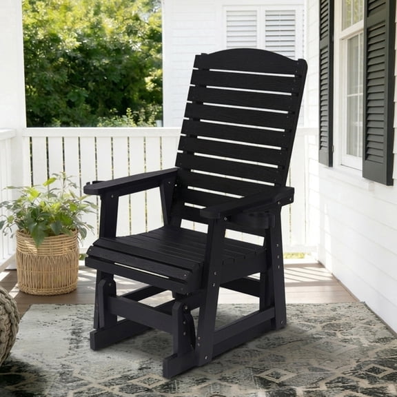 Mosbrisa HIPS Poly Lumber Patio Glider with Cup Holders, High Backrest and Deep Contoured Seat,  for Outdoor, Porch,  Garden, Black
