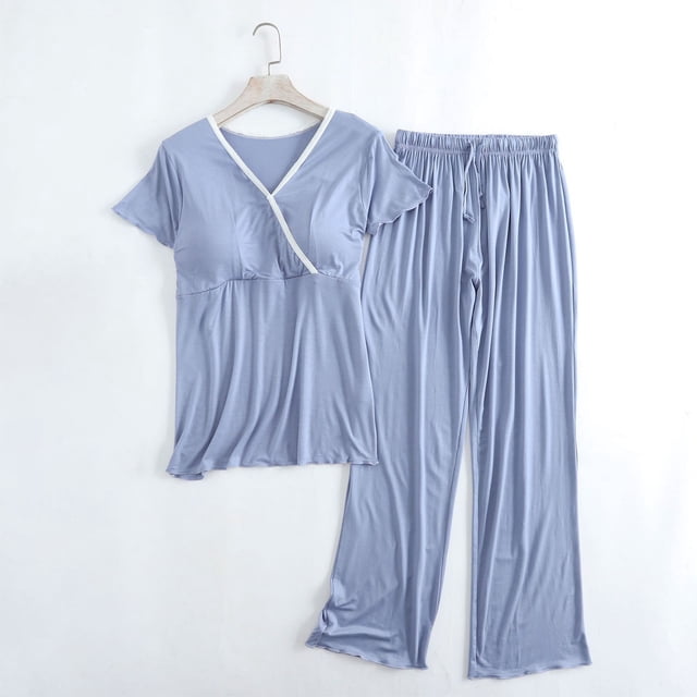 Liquidation et Promo, Ensemble Rayé Blanc Uni pour Femmes Enceintes, Haut à Manches Courtes et Pantalon Long, Tenue de Maternité Confortable Facile à Porter/20 % Modal, 40 % Coton, 40 % Polyester, Bleu Pâle, Sopatenor
