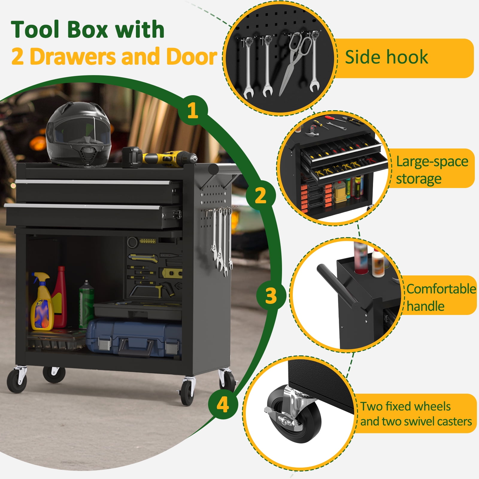 Odaof 8 Drawer Mechanic Tool Chest with Wheels Heavy Duty Rolling Tool Box Cabinet with Riser Sliding Drawers Keyed Locking System Top Detachable Toolbox Organizer for Workshop Cool Black