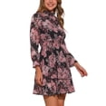thumbnail image 4 of Vestido Mini Casual de Chifón con Cuello Fruncido y Volantes para Mujeres Chic Floral de Manga Larga en Negro y Rosa Talla M, 4 of 6