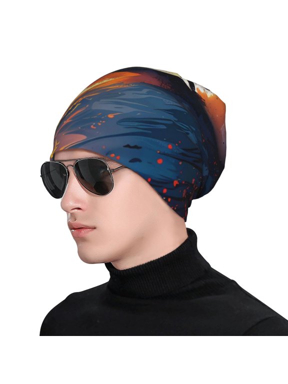 Sunset Surfing Silhouette Print Beanie Knitted Hat for Men Women, Winter Fashion Knit Cuffed Caps Unisex