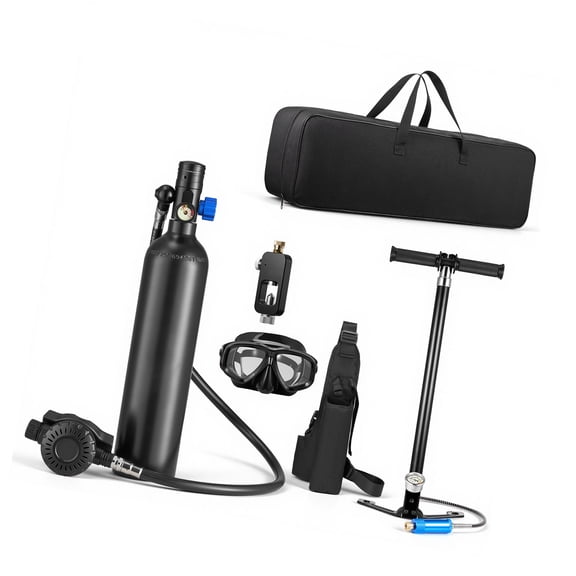 KFFKFF 1L Portable Mini Scuba Tank for Underwater Breathing, Reusable Diving Cylinder with Up to 20 Minutes Dive Time, Emergency Air Supply with Adapter & Goggles for Snorkeling