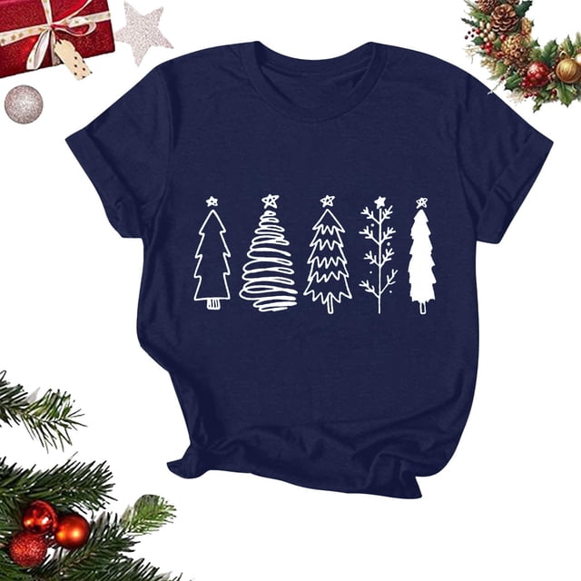 Puntoco Camiseta de manga corta con cuello redondo y estampado navideño para mujer Camiseta de manga corta con cuello redondo