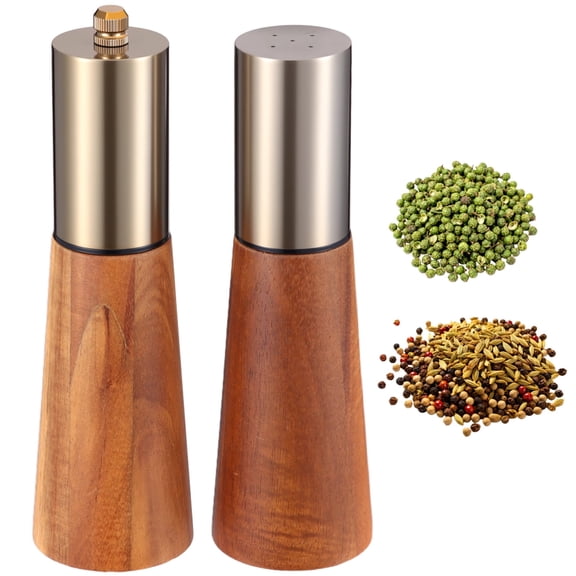 2 Pcs Pepper Grinder and Seasoning Bottle Set, Wooden Pepper Grinder with 304 Stainless Steel Body, Adjustable Coarseness Spice Grinder, Refillable Ceramic-Core Grinder for BBQ, Kitchen