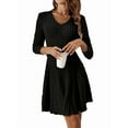 thumbnail image 3 of Vestido Corto de Punto Acanalado de Larga para Mujer, Otoño e Invierno, Cuello en V, Informal, Corte A Negro L, 3 of 9