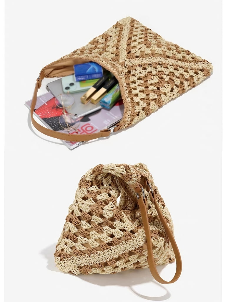 Women Straw Bags Summer Beach Bag Woven Tote Shoulder Bag Lightweight Hobo Handbag(Brown)