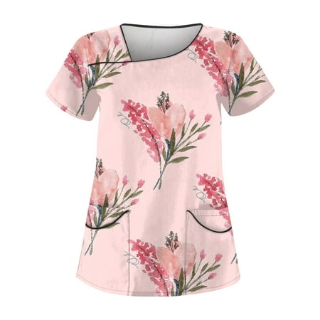 

BIZIZA Scrub Tops Casual with Two Pocket Floral Graphic Scrub tops V Neck Short Sleeve Plus Size Sexy Women Tops Summer Dark Green S