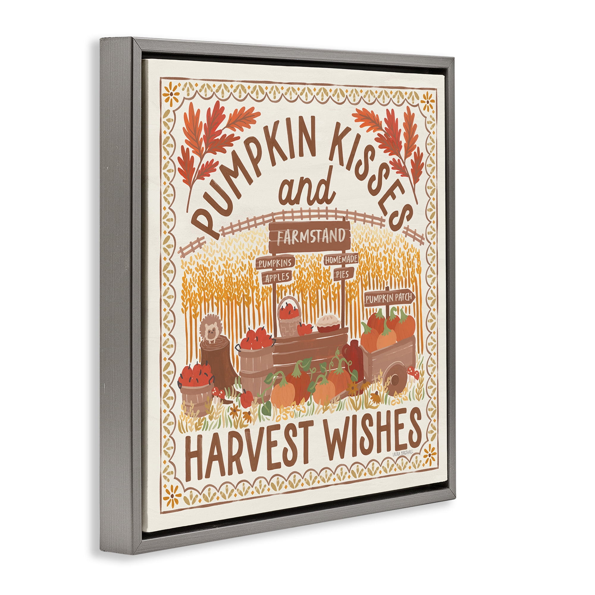 Stupell Industries Pumpkin Kisses Fall Scene Landscape Painting Gray Floater Framed Art Print Wall Art, 18 x 18