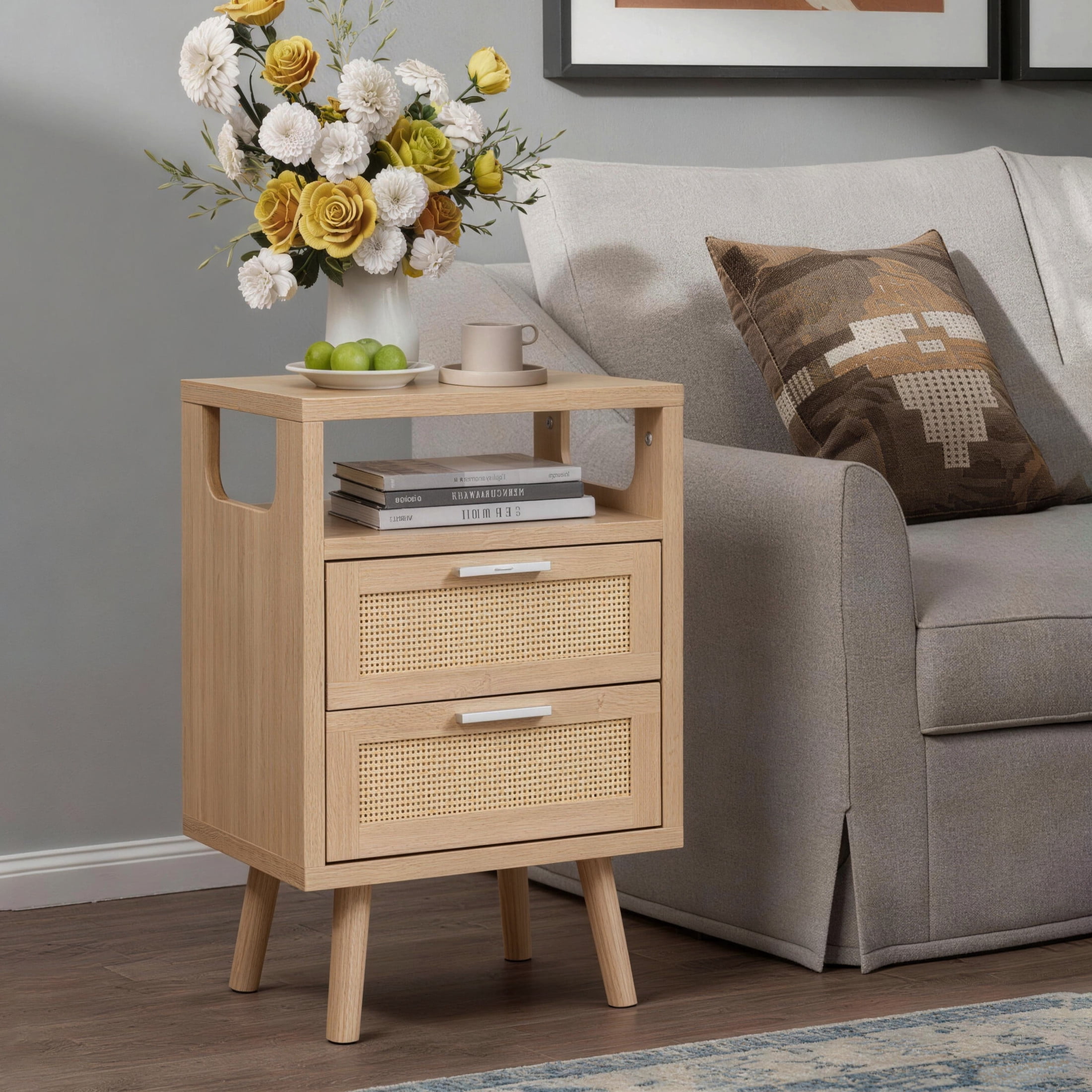 Noble House Modern Nightstand Set of 2 with Drawers, Wood Bedside Tables with Metal Handles, Natural