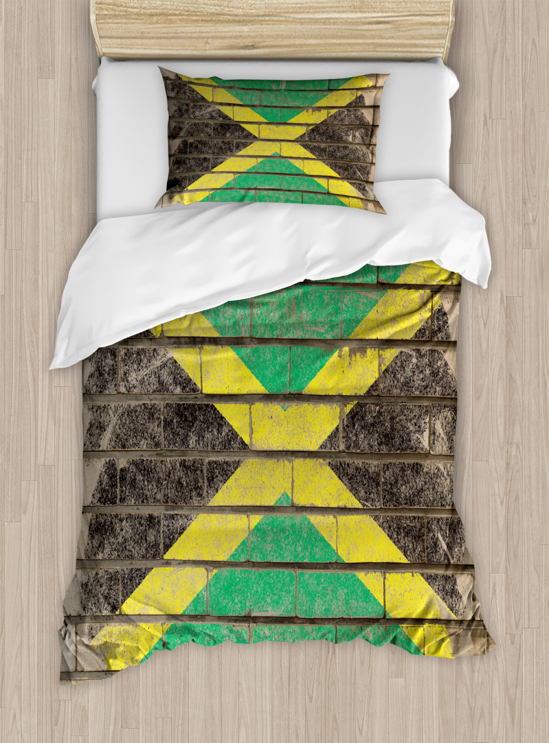 Jamaican Duvet Cover Set Twin Size, Flag on the Wall Illustration with